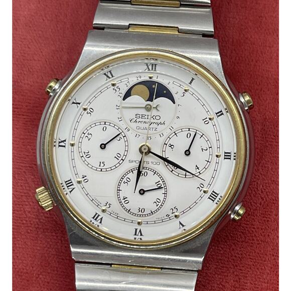 Vtg Seiko 7A48-7009 Watch Sports 100 Moonphase Original Bracelet Chronograph - Picture 6 of 12